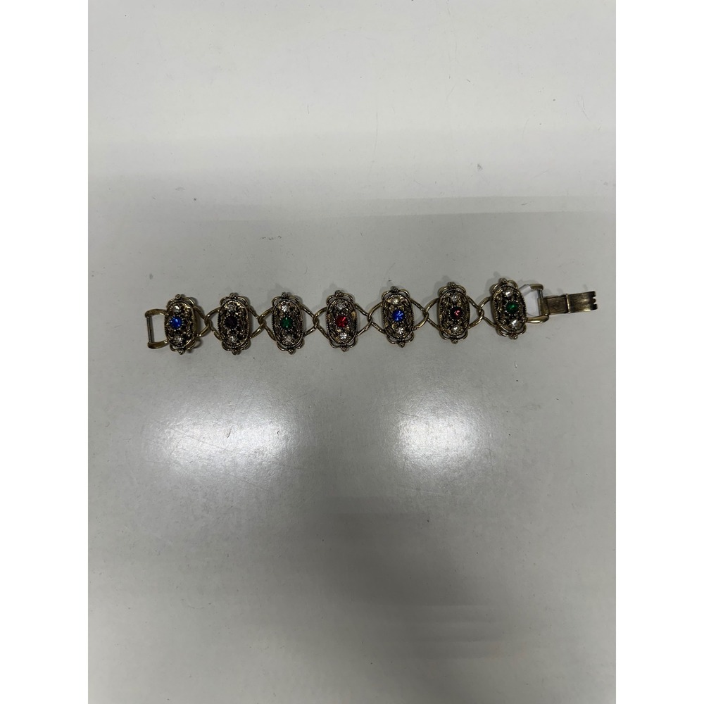 Vintage Gold Tone Multi Color Rhinestone Filigree Link Bracelet Victorian Style